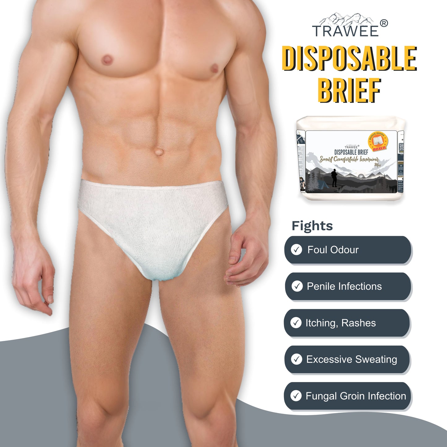 Trawee Disposable Men Brief with Free Boxer | Office, Daily Use, Travel, Spa,Night Wear| Prevents Infection| Anti Fungal & Anti Bacterial Underwear| Absorbs Sweat| Rash Free