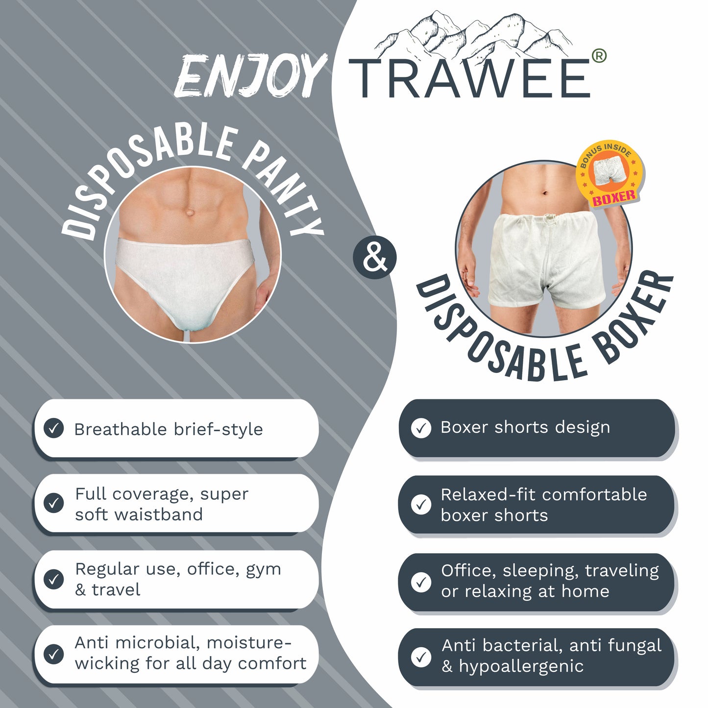 Trawee Disposable Men Brief with Free Boxer | Office, Daily Use, Travel, Spa,Night Wear| Prevents Infection| Anti Fungal & Anti Bacterial Underwear| Absorbs Sweat| Rash Free