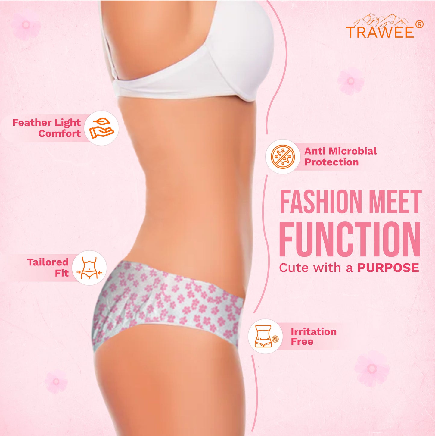 Trawee Women Disposable Panties| Print Pop Travel Underwear | Rash-Free, Breathable, Antibacterial, Antifungal| Prevents UTI| Perfect for Daily Use, Trips, Trekking & Vacations| No Laundry