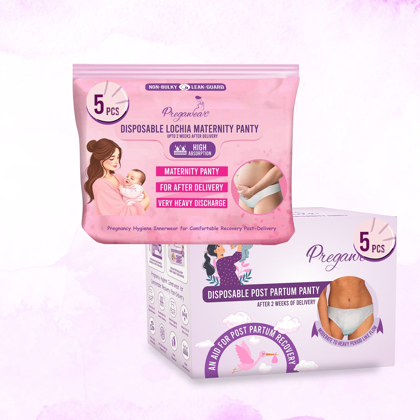 "Pregawear Lochia Maternity Panty(5) & Postpartum Panty(5) Combo | Disposable Antifungal Antibacterial Innerwear for New Mothers | Soft, Breathable, Leak-Proof Panties After Delivery Care "