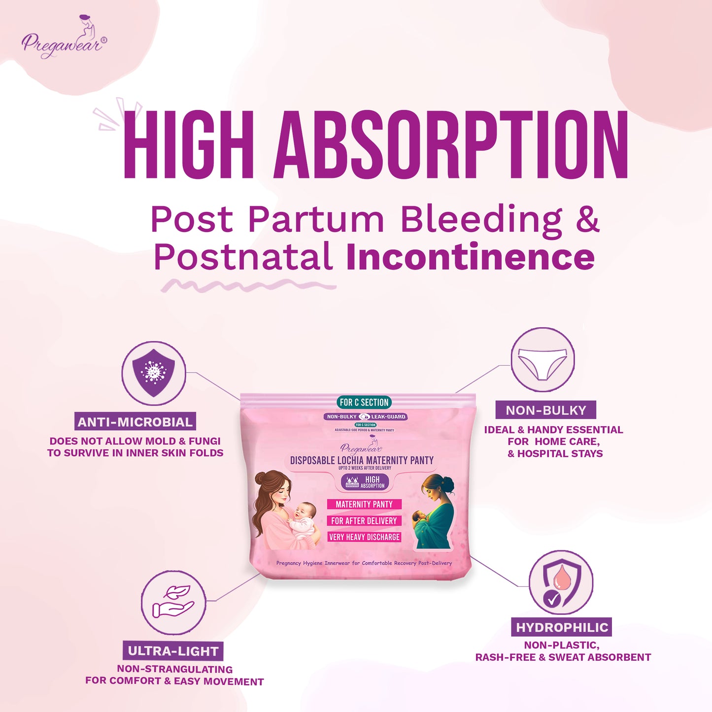 Pregawear C Section Maternity Panty & Disposable Hygiene Panties Combo| Low Waist High Absorption| Soft, Secure, Breathable Pregnancy Underwear| New Mothers After Birth| During & Post Delivery