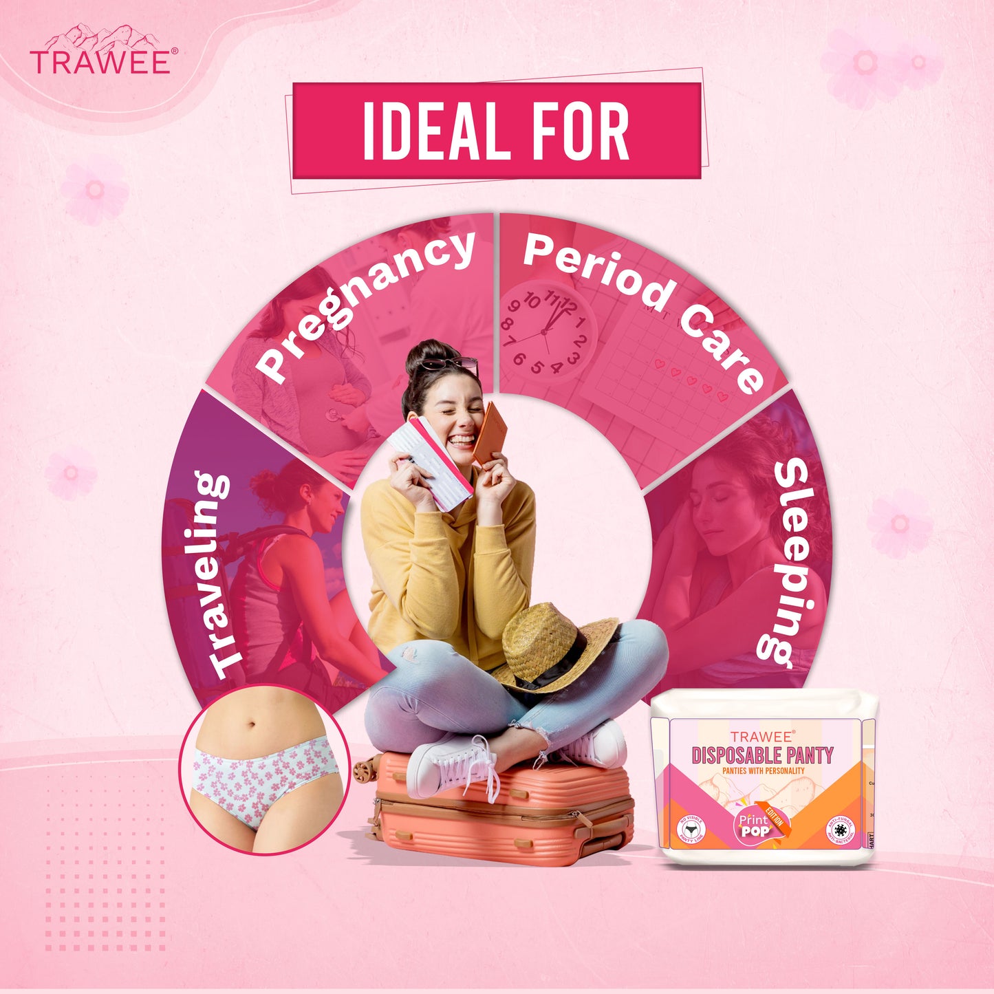 PrintPop Disposable Top & Panty Set for Women | Breathable Non-Woven Hygiene Fabric | Floral Printed Disposable Innerwear | Anti-Bacterial & Anti-Fungal | Single Use Comfort (IN, Alpha, L, 9, Pink)