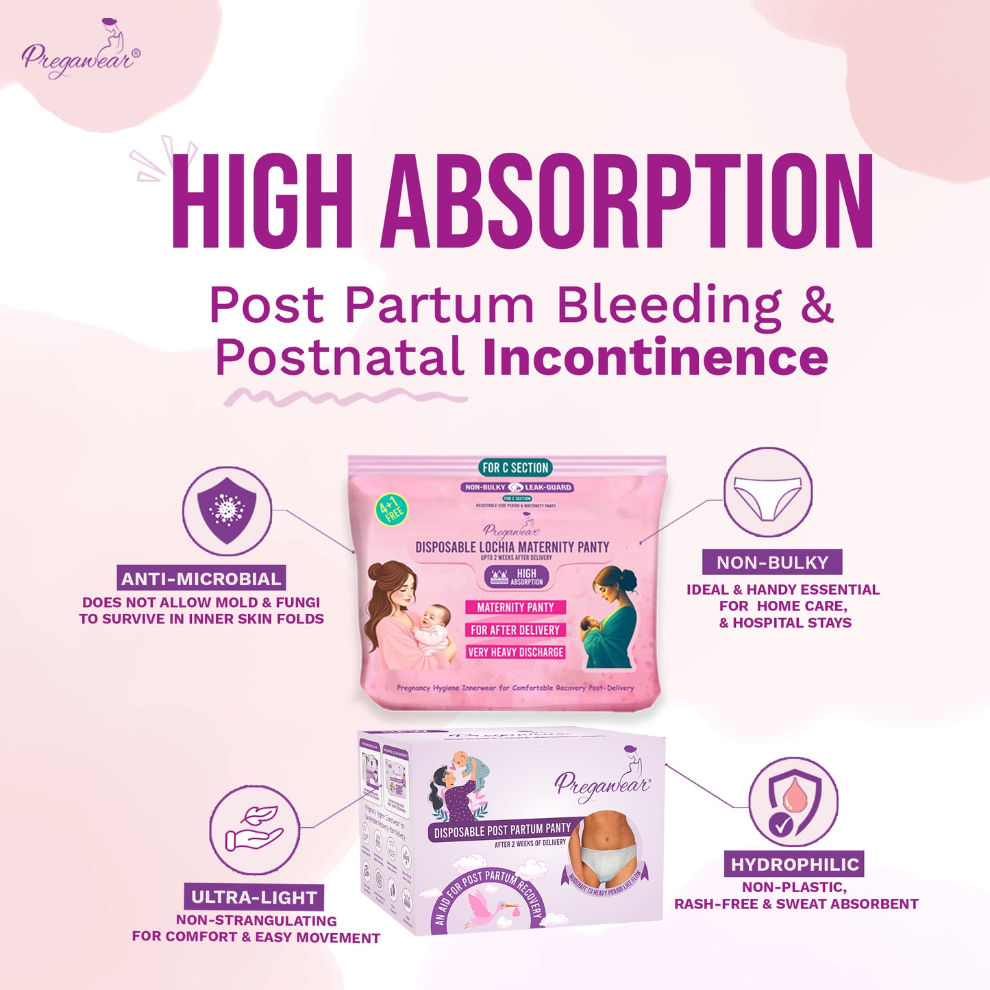 Pregawear C-Section Maternity Panty & Disposable Postpartum Panty Combo | Low Rise C Section Underwear with Ultra Thin, Leak-Proof, Antibacterial Antifungal Mid Waist After Delivery Care