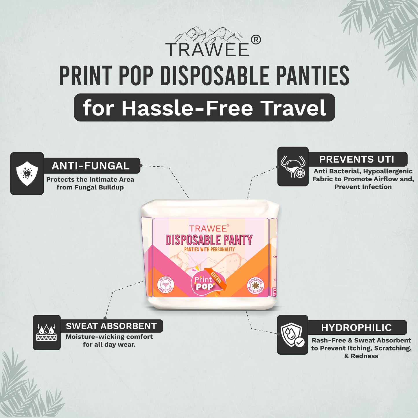 Trawee Women Disposable Innerwear| Print Pop Travel Panty | Rash-Free, Breathable, Antibacterial, Antifungal| Prevents UTI| Perfect for Daily Use, Trips, Trekking & Vacations| No Laundry - XL (Copy)