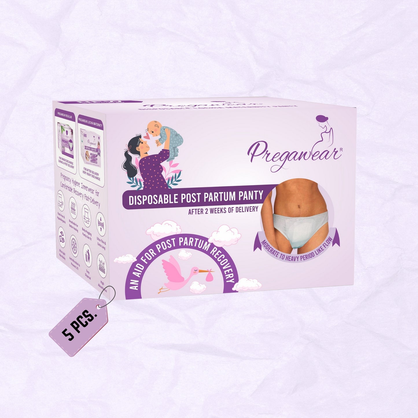 Post Partum Maternity Panties (Disposable) with High Absorption Pads for After Lochia Heavy Flow.Pregawear--Disposable Post Partum Panty