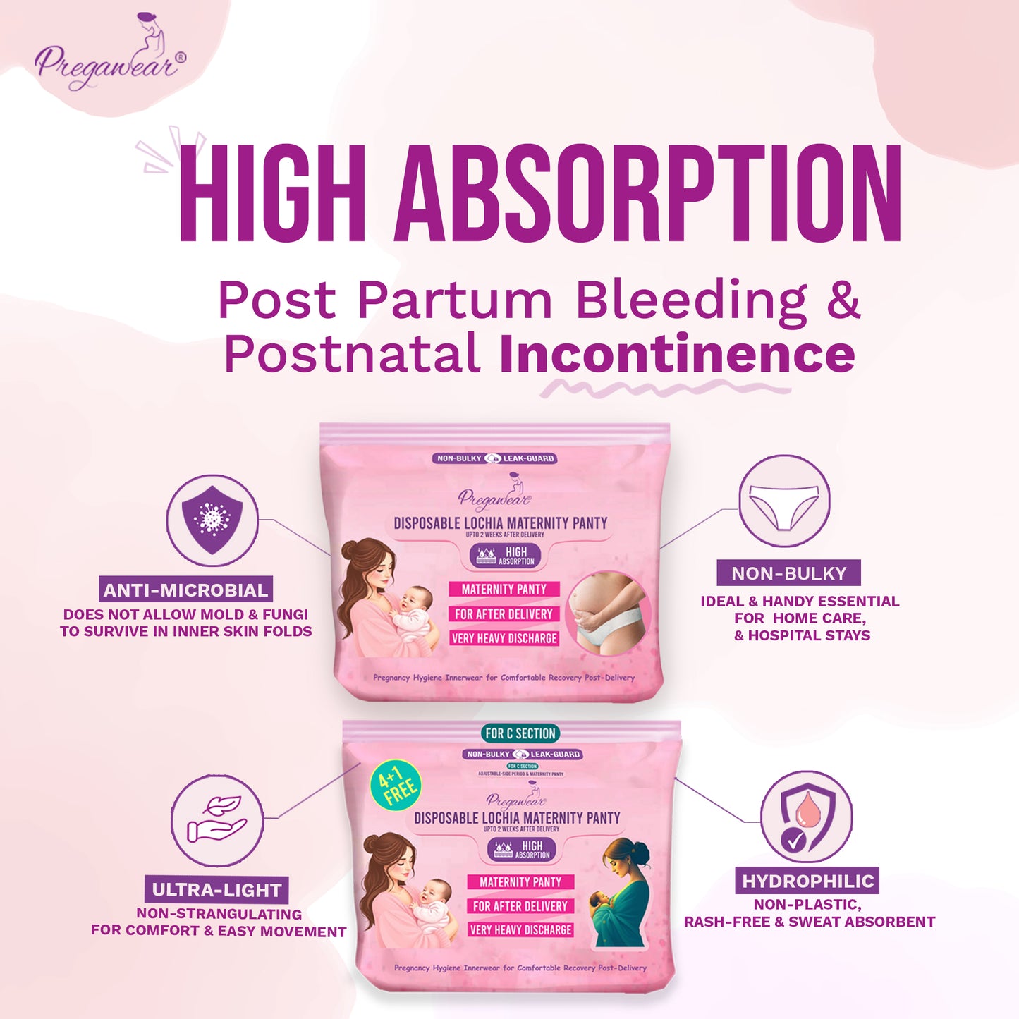 Pregawear Lochia & CS Maternity Panty Combo| Disposable Postpartum Underwear for Normal Delivery & C-Section Recovery| Antifungal, Antibacterial, Breathable, Leak-Proof Panties for New Mothers