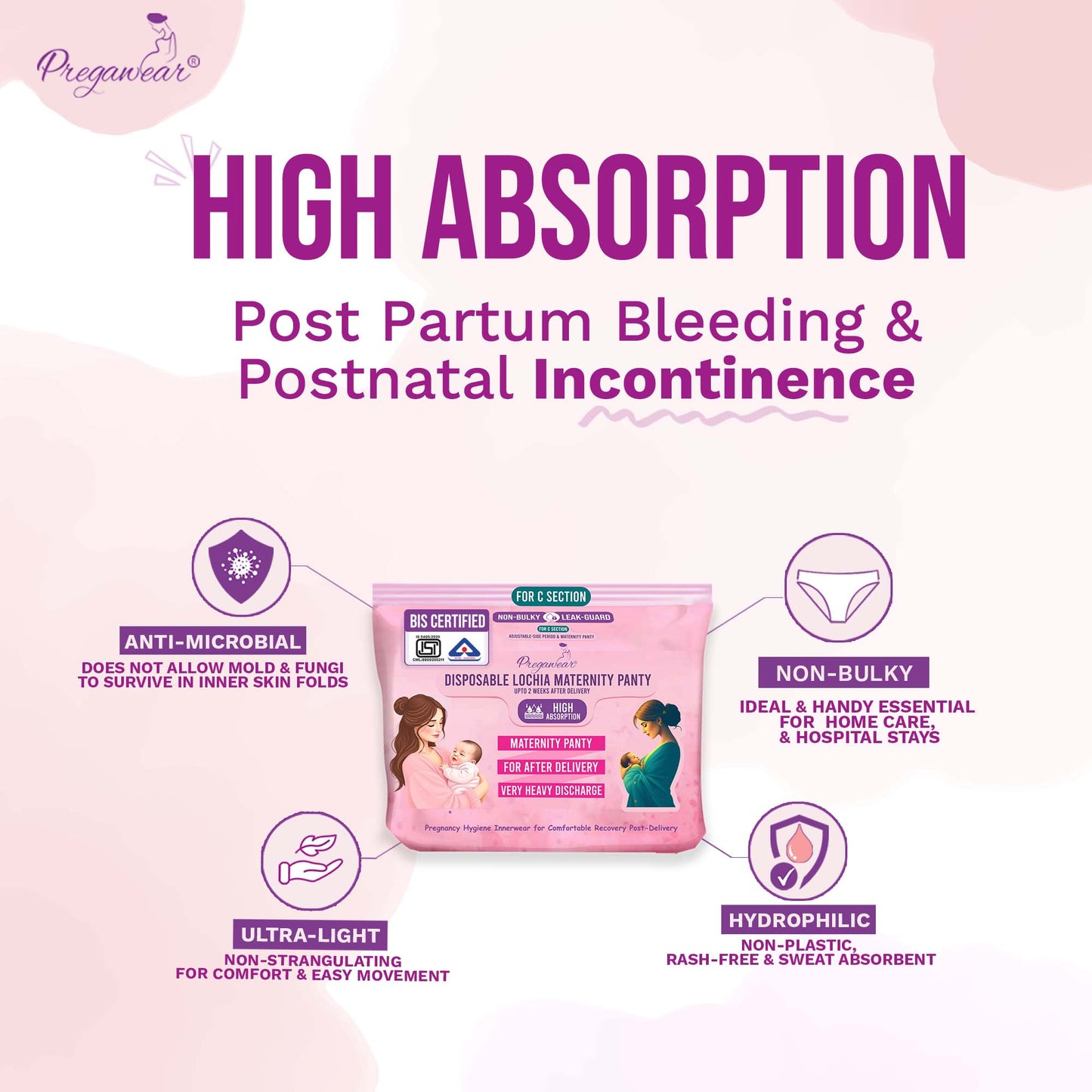 Pregawear Lochia Maternity Panty C Section & Regular Panties Combo| Antifungal, Antibacterial, Soft, Breathable, Leak-Proof Underwear for New Mothers| Heavy & Light Daily Discharge Pregnancy