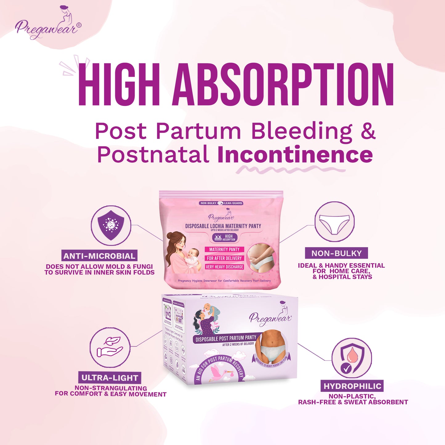 "Pregawear Lochia Maternity Panty(5) & Postpartum Panty(5) Combo | Disposable Antifungal Antibacterial Innerwear for New Mothers | Soft, Breathable, Leak-Proof Panties After Delivery Care "