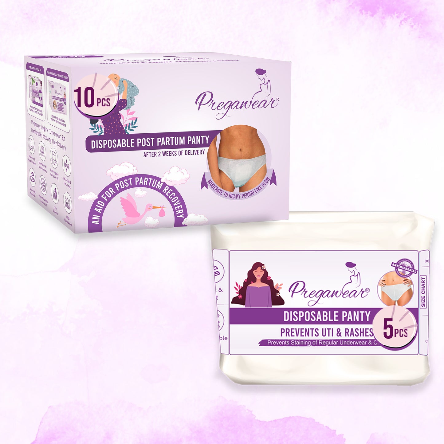 Pregawear Post Partum Maternity Panty & Disposable Panties Combo| Leak-Proof, Anti-Rash, Antibacterial, Antifungal Hygiene Underwear for Comfortable Recovery| After Delivery Skin-Friendly Care