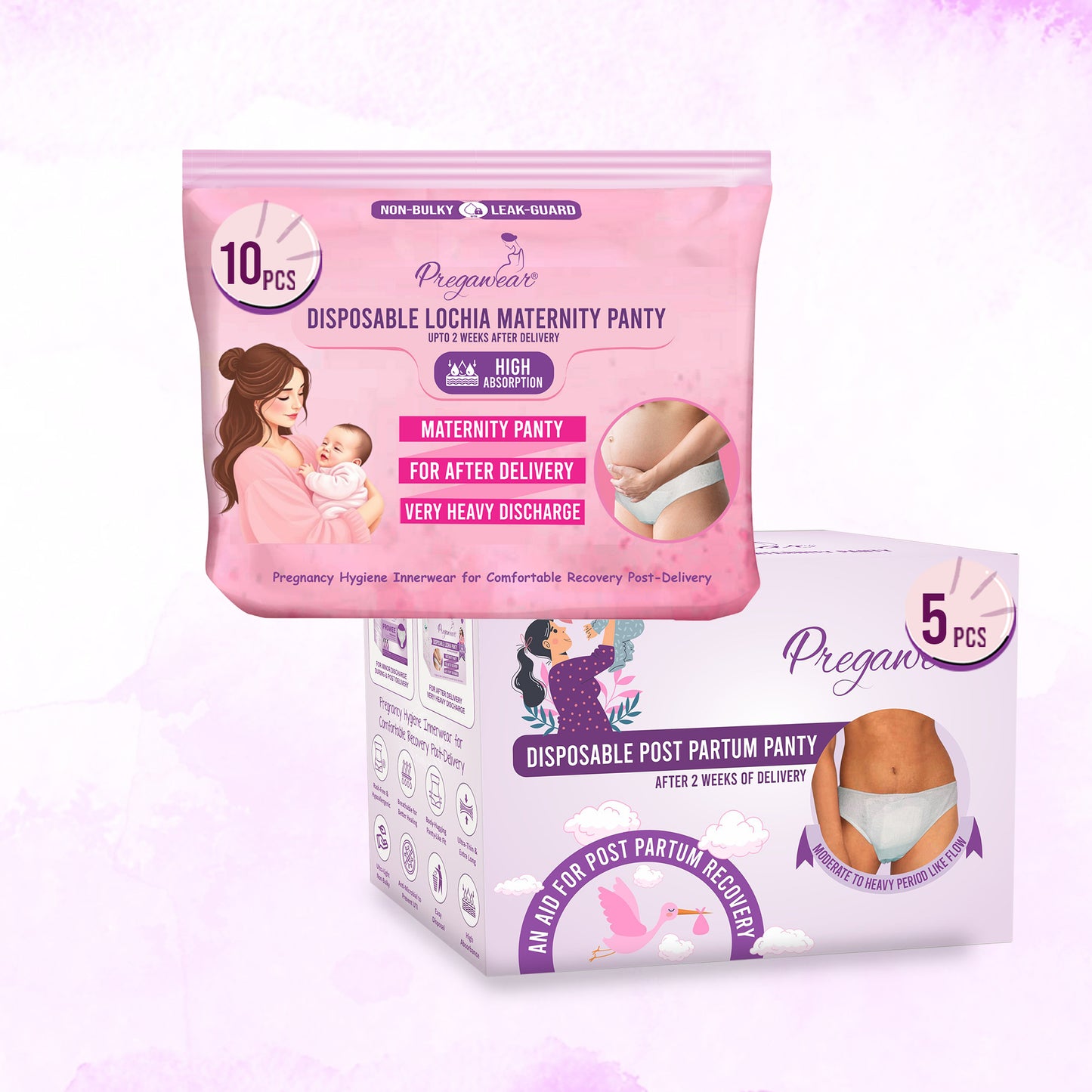 "Pregawear Lochia Maternity Panty(5) & Postpartum Panty(5) Combo | Disposable Antifungal Antibacterial Innerwear for New Mothers | Soft, Breathable, Leak-Proof Panties After Delivery Care  "