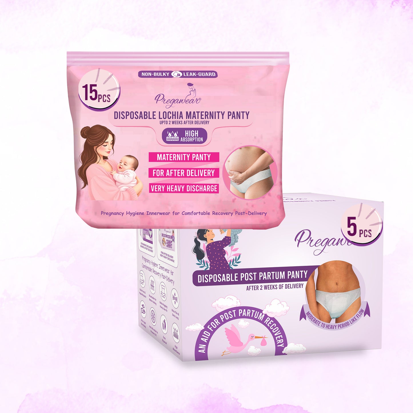 "Pregawear Lochia Maternity Panty(5) & Postpartum Panty(5) Combo | Disposable Antifungal Antibacterial Innerwear for New Mothers | Soft, Breathable, Leak-Proof Panties After Delivery Care  "