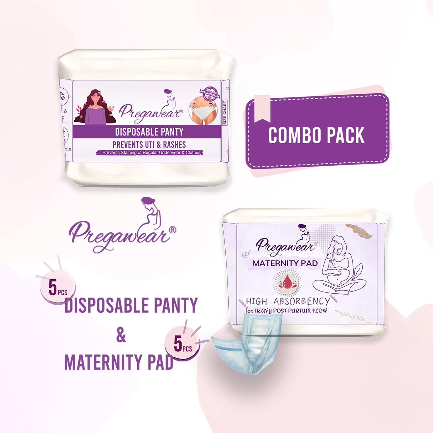 Pregawear Disposable Panty & Maternity Pad Combo | New Mom After Delivery Underwear|Rash Free Panties for Women
