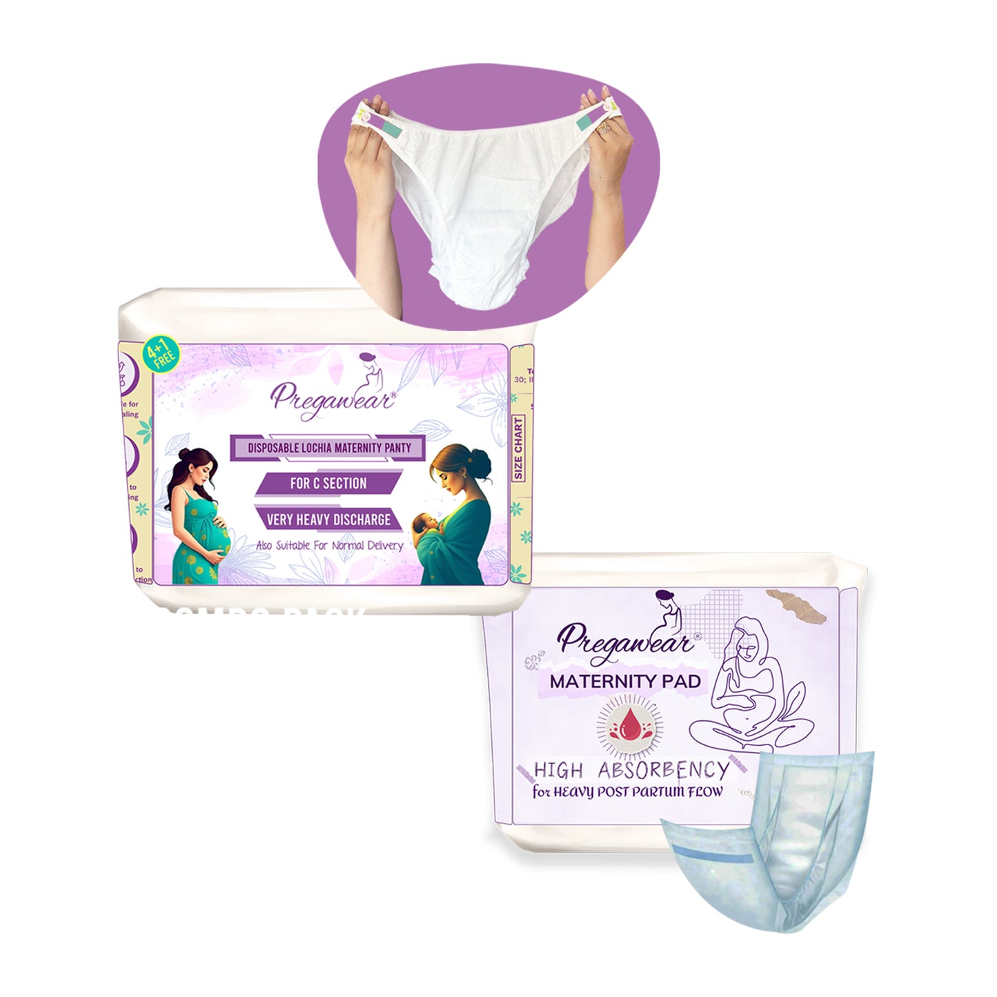 Pregawear Lochia Maternity Panty for C Section & Maternity Pad Combo for Heavy Flow Post Delivery