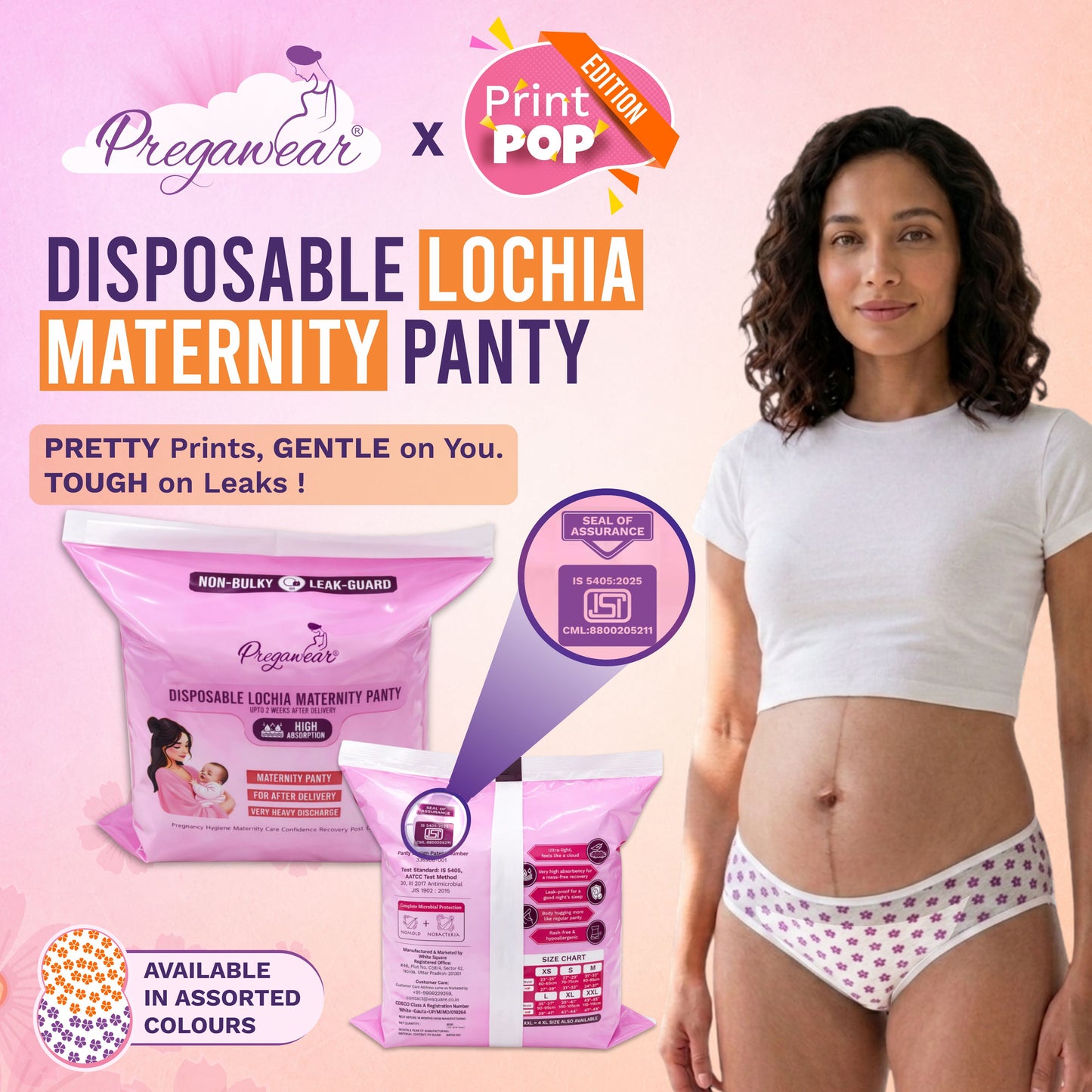 Pregawear Print Pop Lochia Maternity Panty for Women | Disposable Postpartum Panty for Heavy Flow After Delivery | Soft Breathable Leak-Guard Underwear for Hospital, Travel & Home Use
