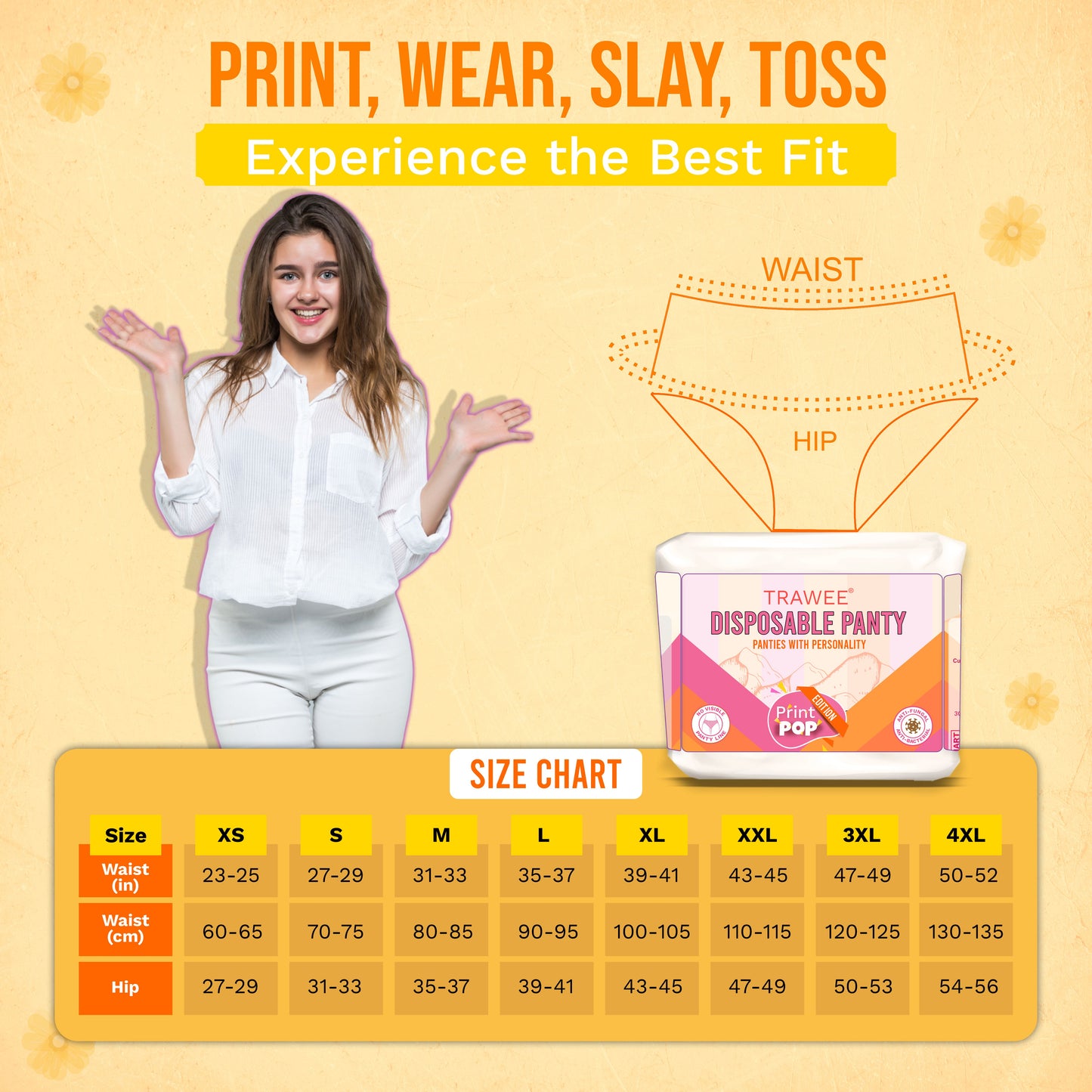 Trawee Women Disposable Innerwear| Print Pop Travel Panty | Rash-Free, Breathable, Antibacterial, Antifungal| Prevents UTI| Perfect for Daily Use, Trips, Trekking & Vacations| No Laundry - XL