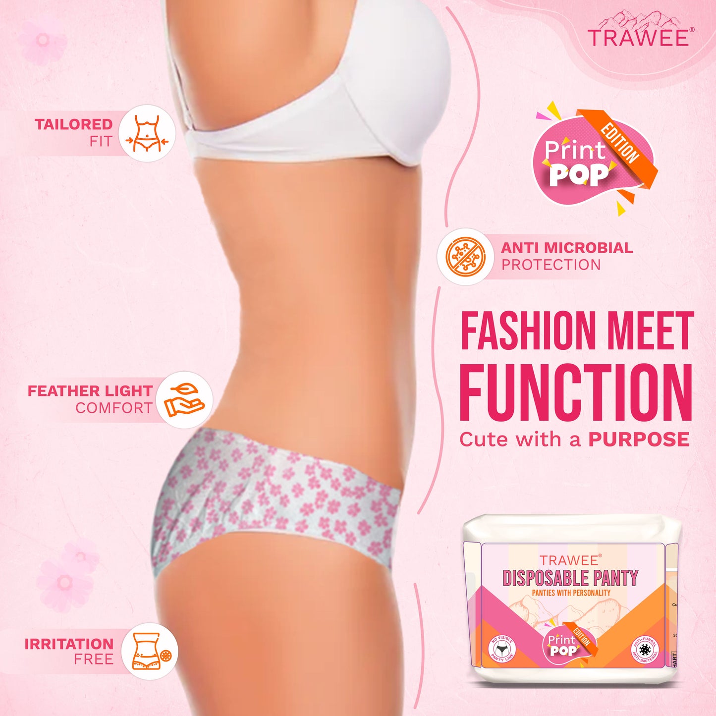 PrintPop Disposable Top & Panty Set for Women | Breathable Non-Woven Hygiene Fabric | Floral Printed Disposable Innerwear | Anti-Bacterial & Anti-Fungal | Single Use Comfort (IN, Alpha, L, 9, Pink)