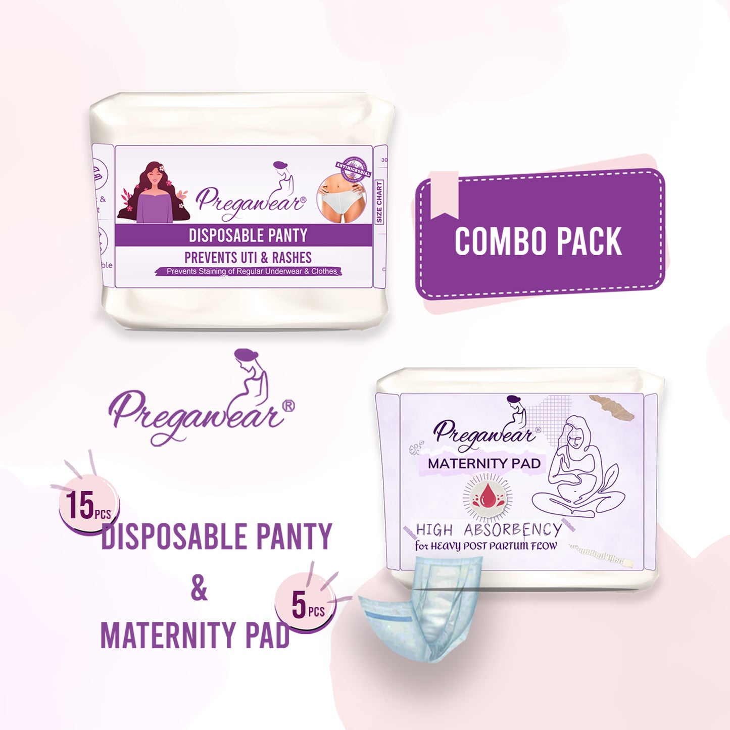 Pregawear Disposable Panty & Maternity Pad Combo | New Mom After Delivery Underwear|Rash Free Panties for Women