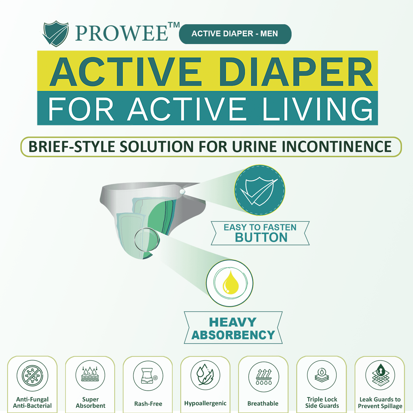 Active Adult Diaper for men "Brief Style" for Incontinence,Customised to Size with Easy to Fix Button, Microbe Protected--Prowee Active Adult Diaper (Men)