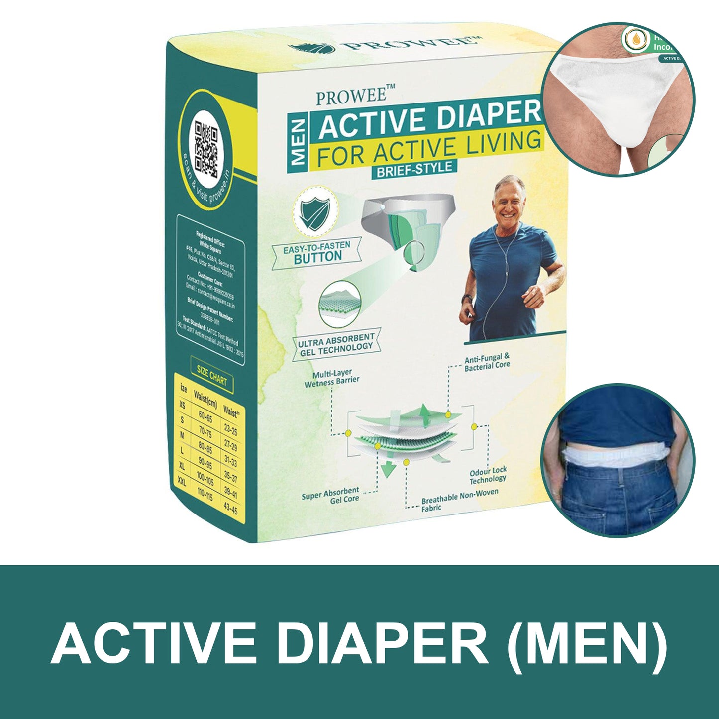 Active Adult Diaper for men "Brief Style" for Incontinence,Customised to Size with Easy to Fix Button, Microbe Protected--Prowee Active Adult Diaper (Men)