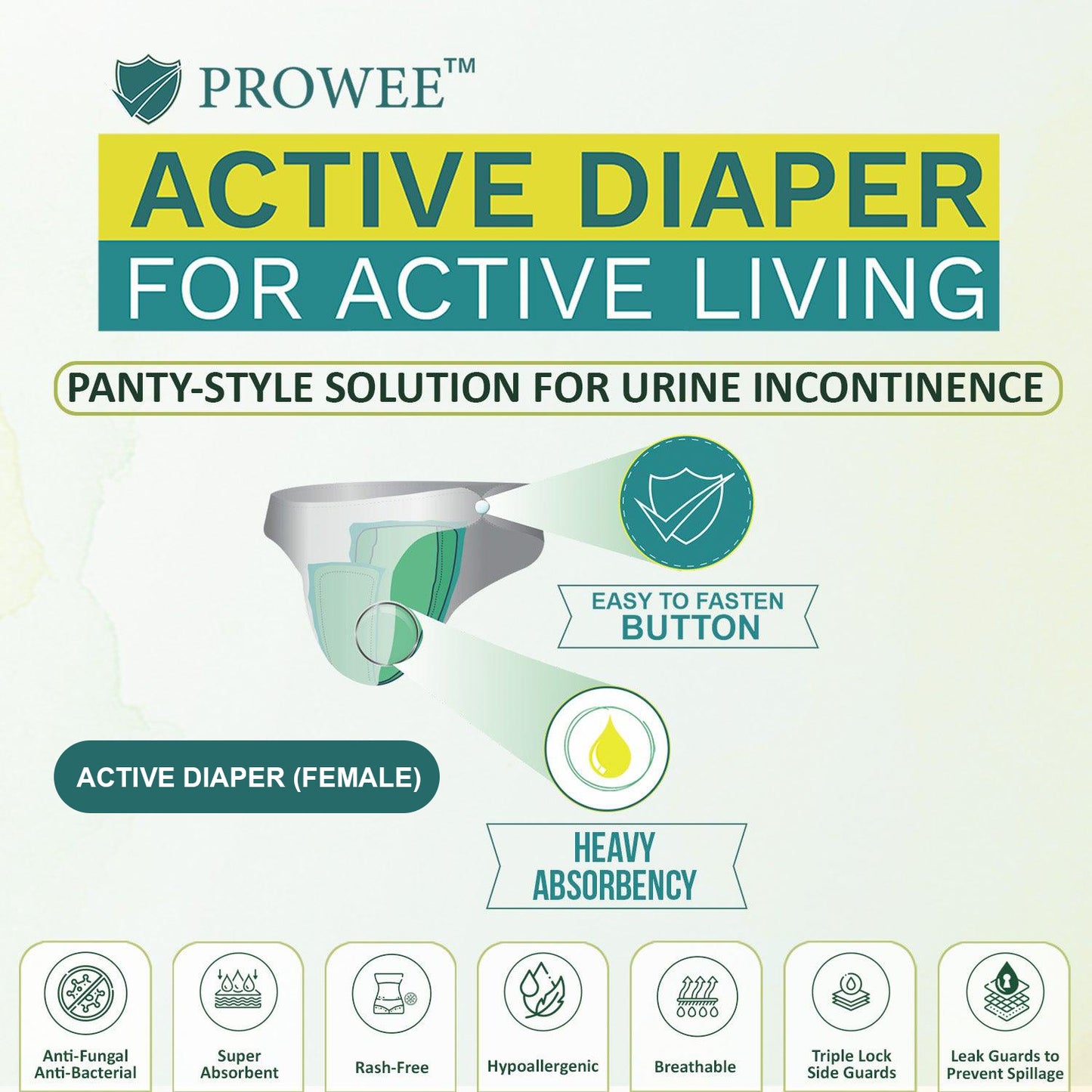 XL Size Active Adult Diaper for Women "Panty Style" for Incontinence,Customised to Size with Easy to Fix Button, Microbe Protected--Prowee Active Adult Diaper (Women)