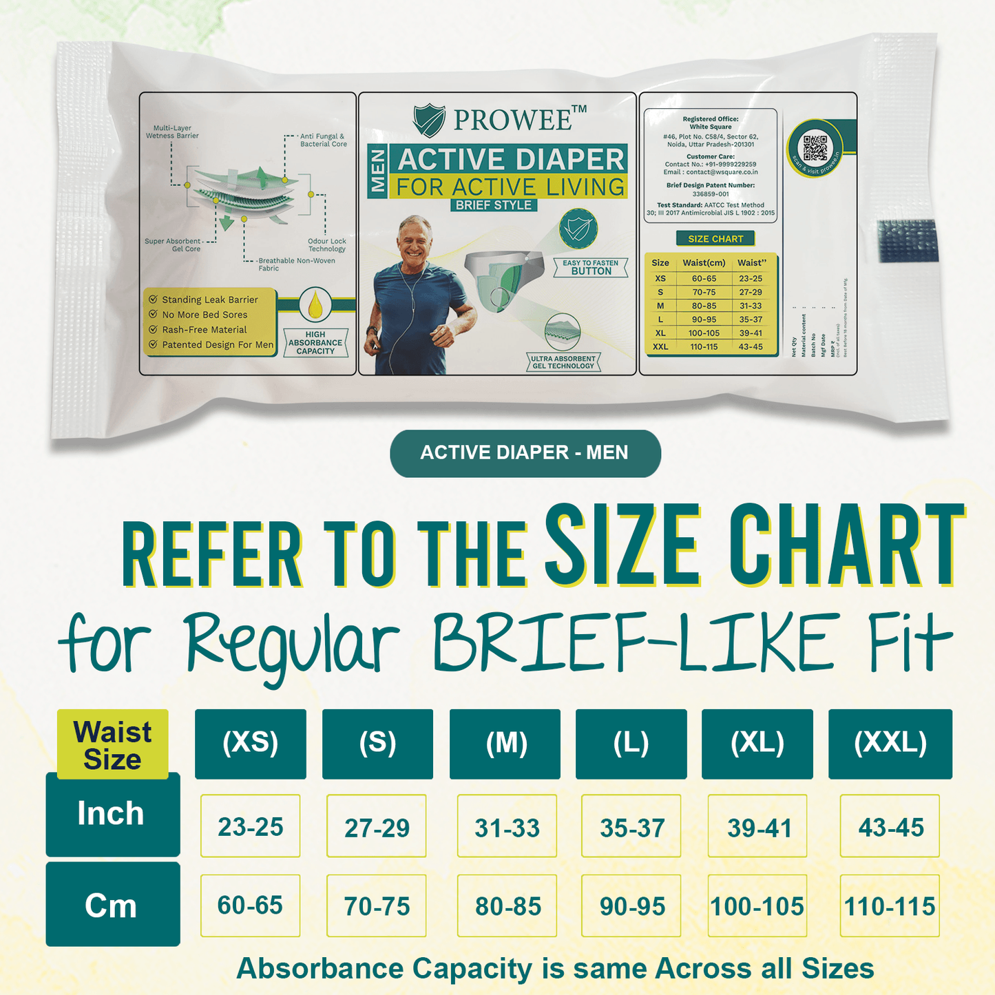 Active Adult Diaper for men "Brief Style" for Incontinence,Customised to Size with Easy to Fix Button, Microbe Protected--Prowee Active Adult Diaper (Men)