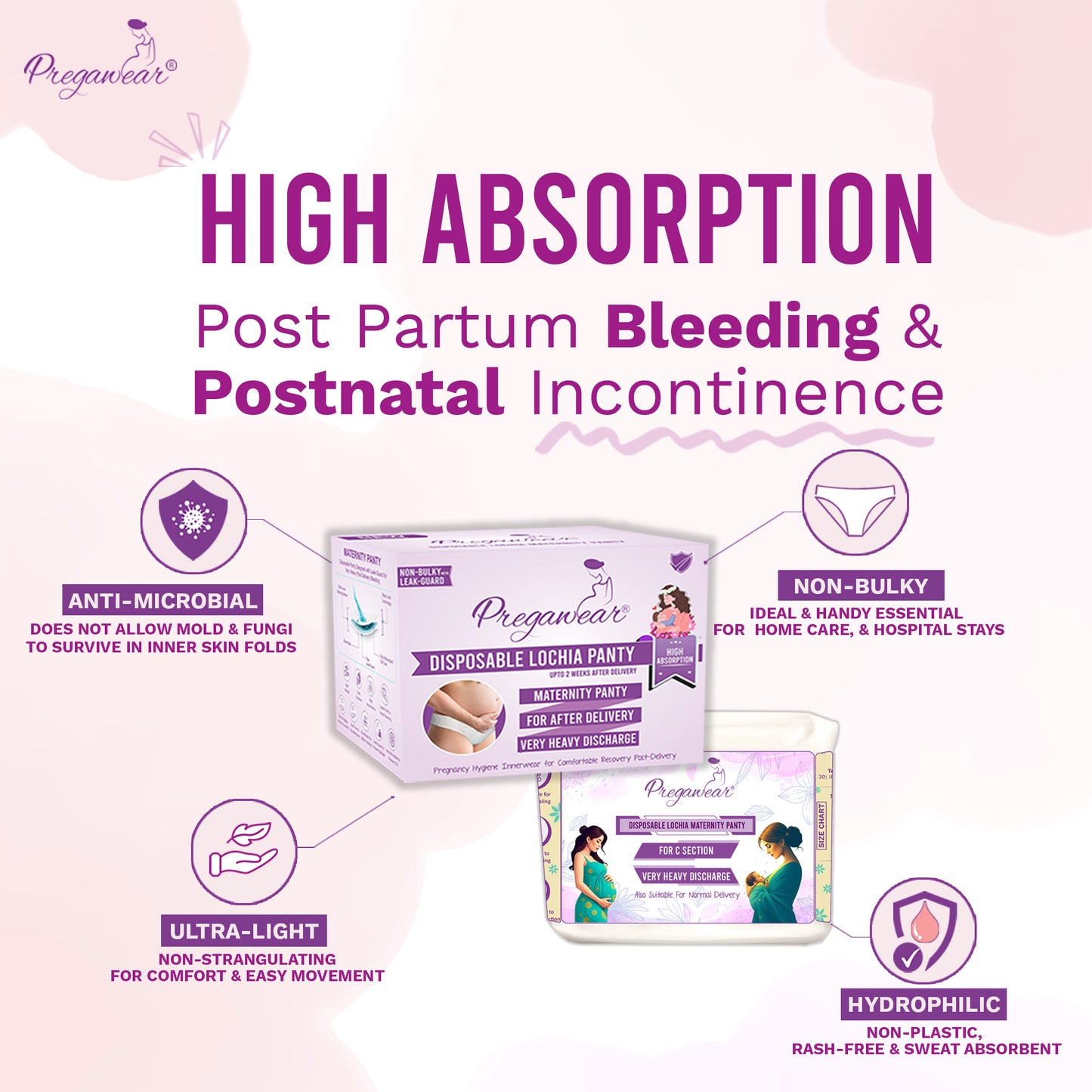 Pregawear Lochia & CS Maternity Panty Combo| Disposable Postpartum Underwear for Normal Delivery & C-Section Recovery| Antifungal, Antibacterial, Breathable, Leak-Proof Panties for New Mothers