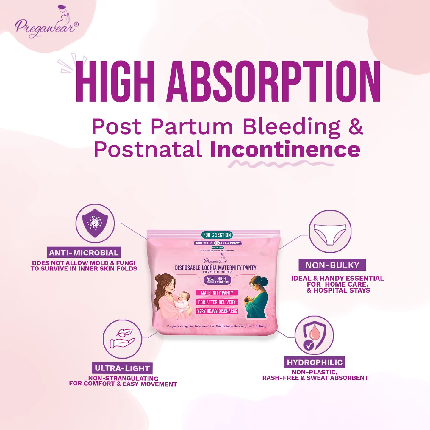 Pregawear Lochia Maternity Panty C Section & Regular Panties Combo| Antifungal, Antibacterial, Soft, Breathable, Leak-Proof Underwear for New Mothers| Heavy & Light Daily Discharge Pregnancy