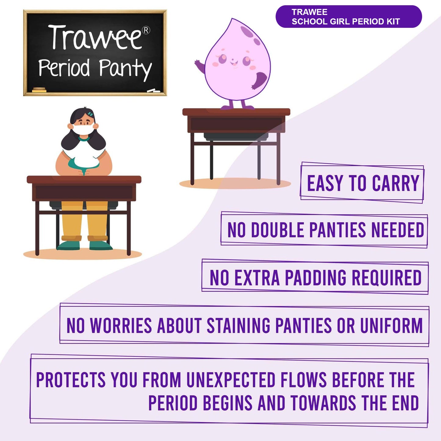 Period Panties for School Girls.Disposable Menstrual Panties with High Absorption capacity Liners. Hygienic Leak-Proof protection for long School-hours without Stains or Wetness.TRAWEE- School Girl Period Kit.